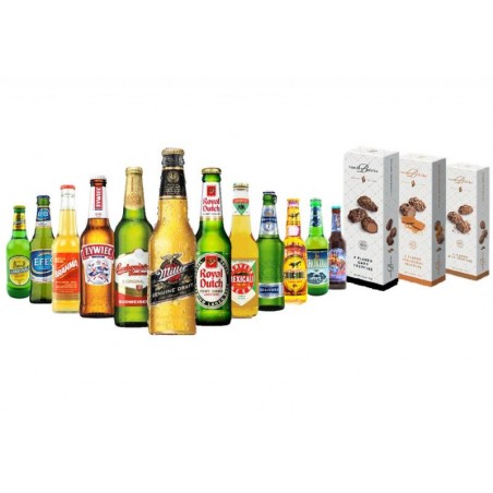 BOX DEGUSTATION BIERES DU MONDE 12*33CL + 3 PAQUETS CHOCOLATS BELGES