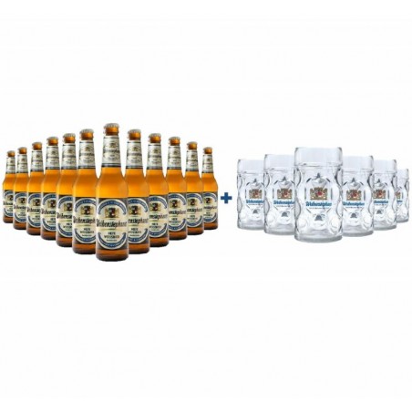 BOX *12 WEIHENSTEPHANER HEFEWEISSBIER 33CL + 6 CHOPES A BIERE