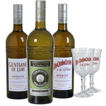 BOX ALCOOLS D'ANTAN 3*75CL - RINQUINQUIN GENTIANE VERMOUTH +2VERRES