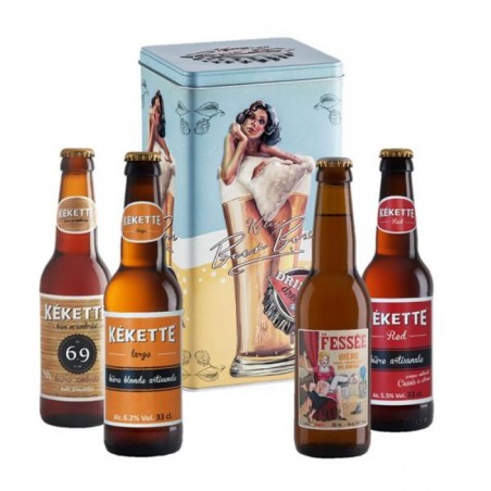 COFFRET 4 BIERES HUMORISTIQUES 33CL AVEC BOITE METAL VINTAGE